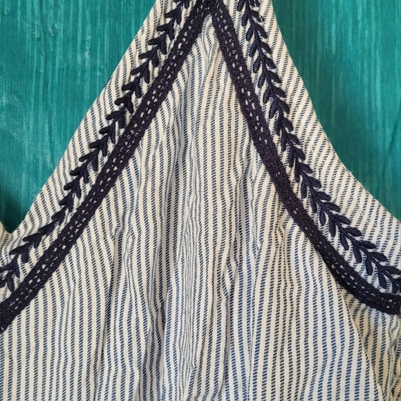 Japna Jumpsuit Womens XL Blue White Striped Embroidered V Neck Smocked Back - Picture 4 of 6